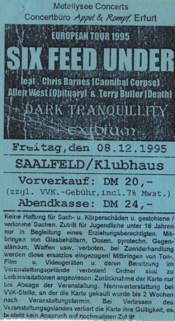 Ticket Six Feet Under - European Tour '95