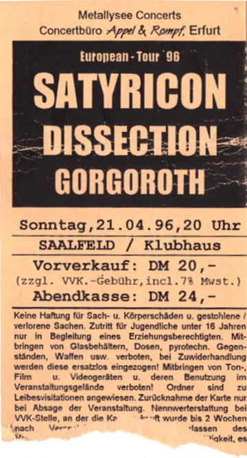 Ticket Satyricon - European Tour '96